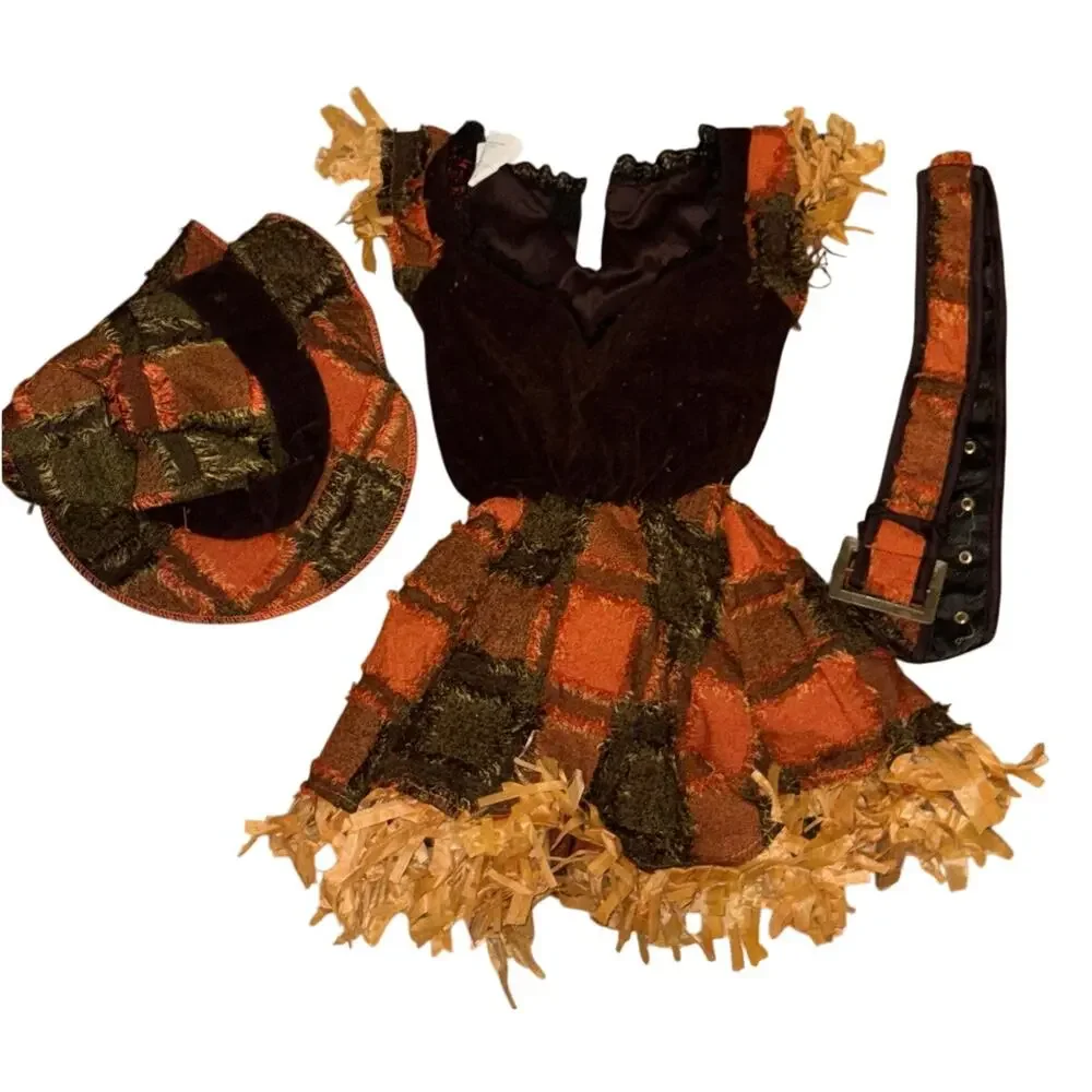 NEW Lil Scarecrow Costume Dress Belt Hat Fall Autumn Small 4-6 y Thanksgiving